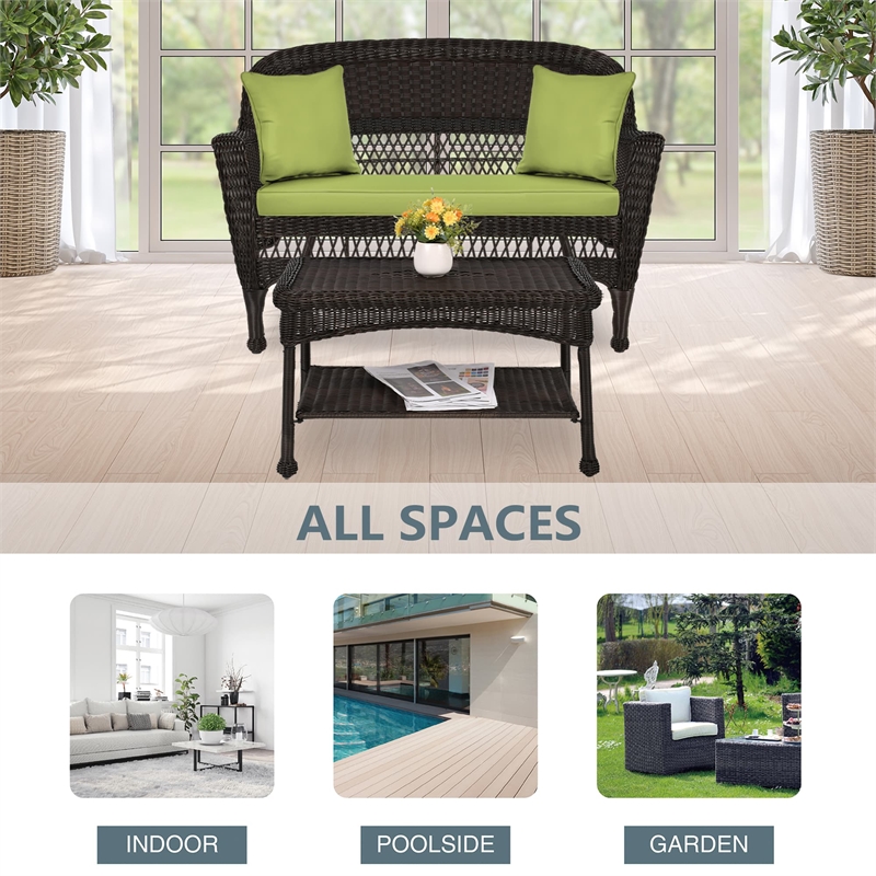 Jeco Wicker Patio Love Seat and Coffee Table Set in Espresso with Green Cushion