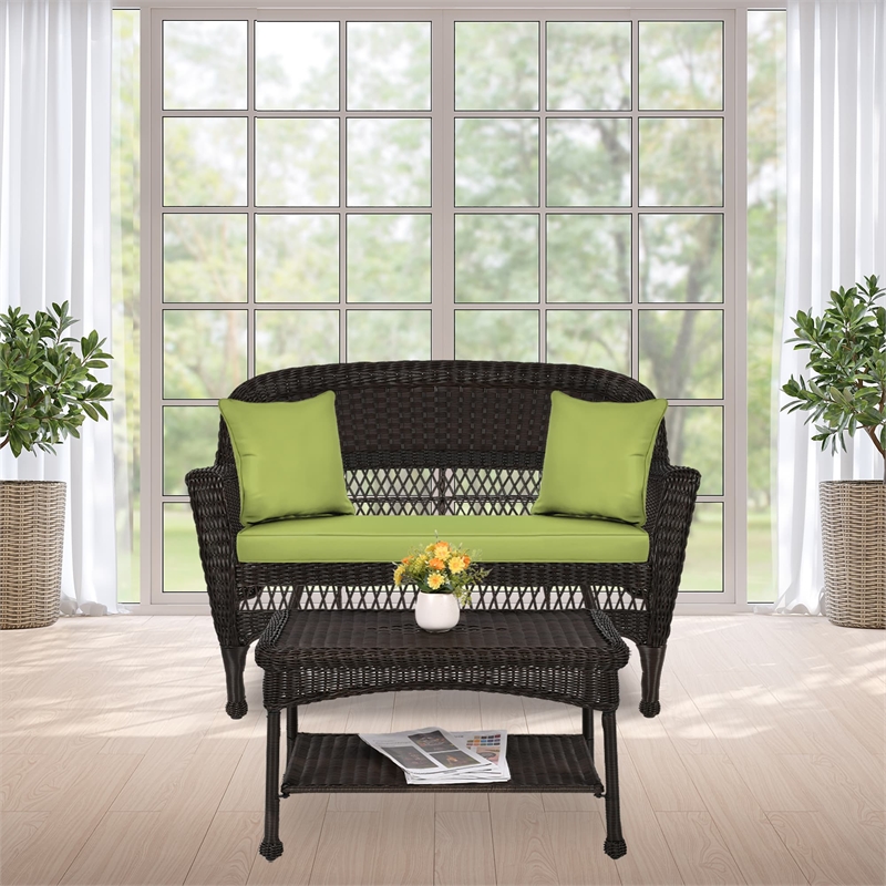 Jeco Wicker Patio Love Seat and Coffee Table Set in Espresso with Green Cushion