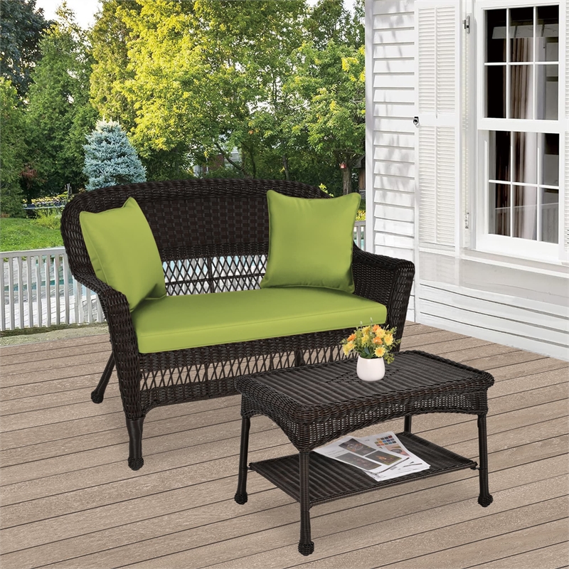 Jeco Wicker Patio Love Seat and Coffee Table Set in Espresso with Green Cushion