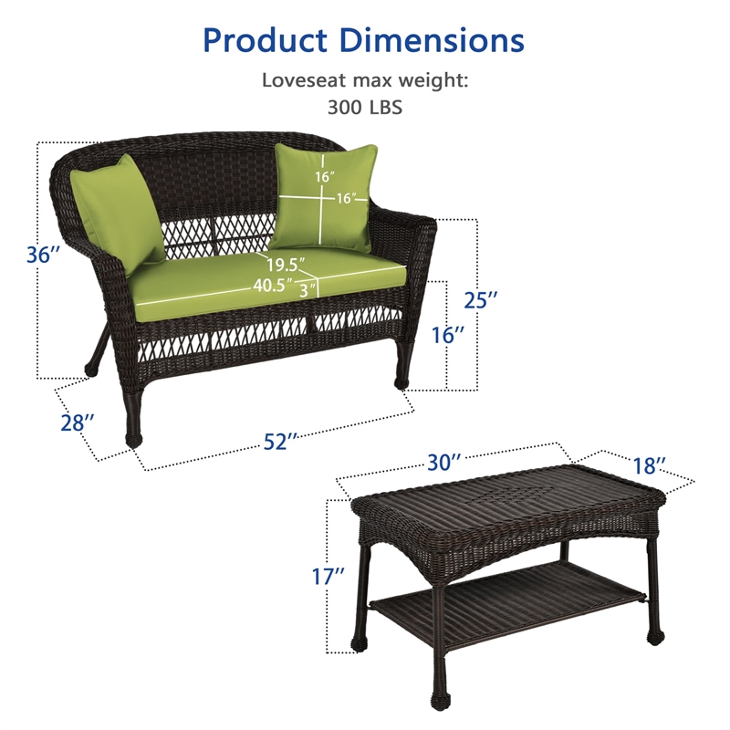 Jeco Wicker Patio Love Seat and Coffee Table Set in Espresso with Green Cushion