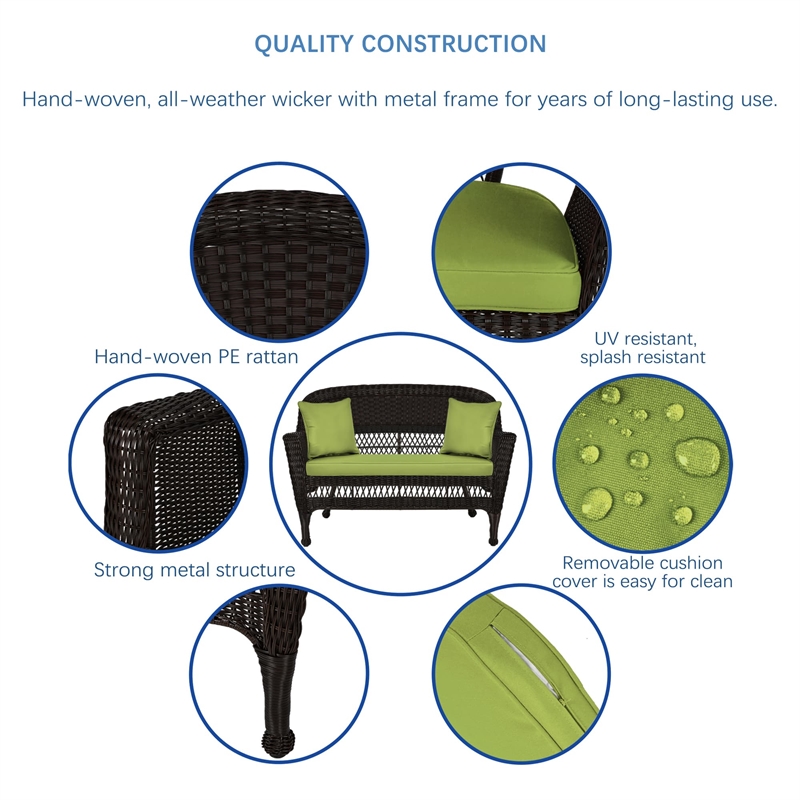 Jeco Wicker Patio Love Seat and Coffee Table Set in Espresso with Green Cushion