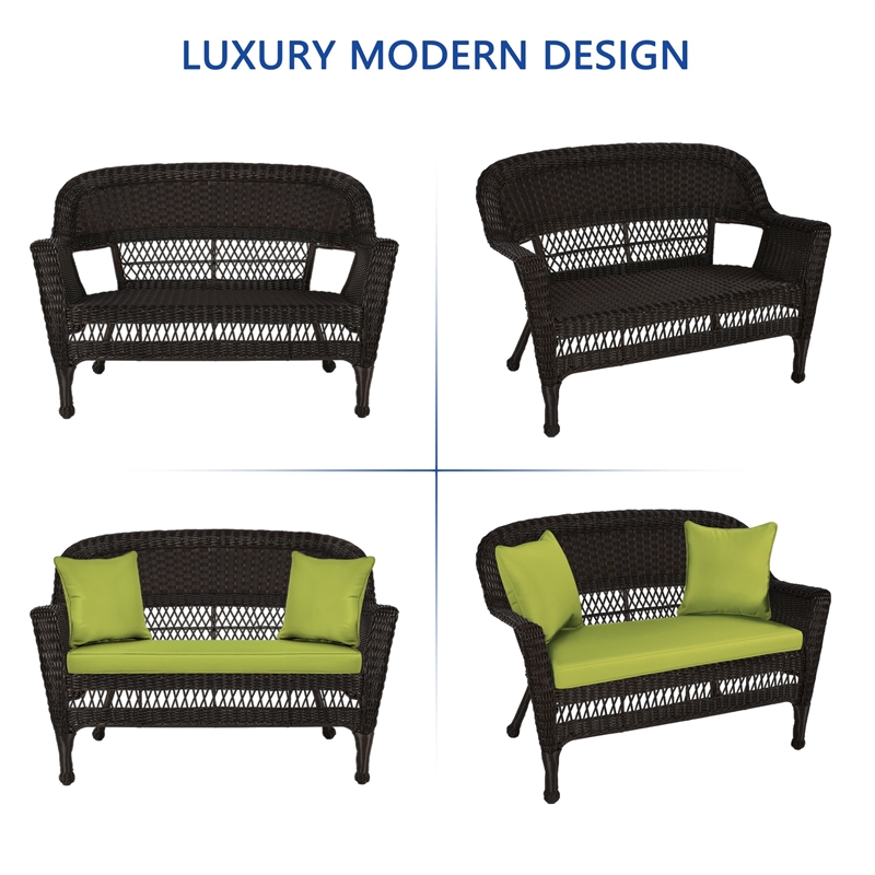 Jeco Wicker Patio Love Seat and Coffee Table Set in Espresso with Green Cushion