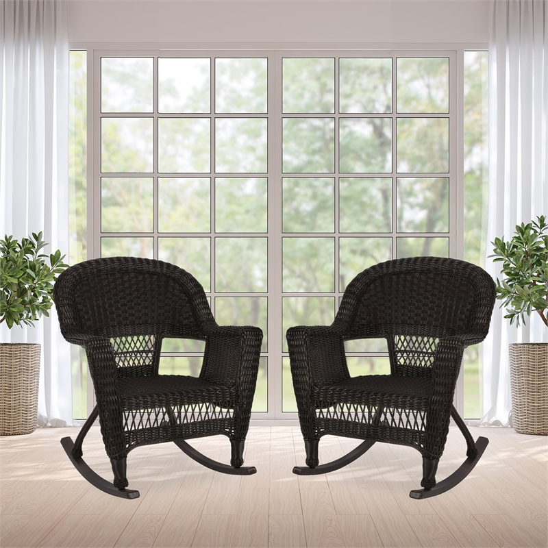 Jeco Resin Wicker Patio Rocker in Espresso (Set of 2)