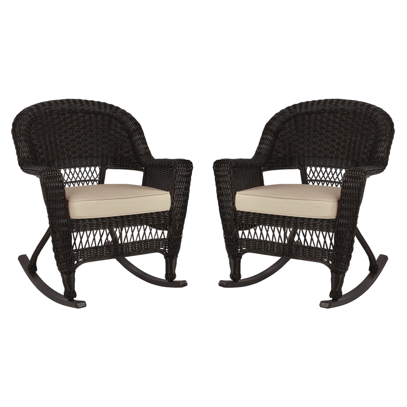 Jeco Rocker Wicker / Rattan Chair in Espresso with Tan Cushion (Set of 2)
