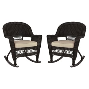Jeco Rocker Wicker / Rattan Chair in Espresso with Tan Cushion (Set of 2)