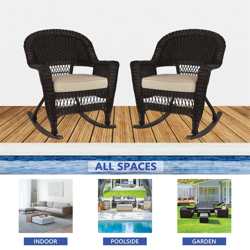 Jeco Rocker Wicker / Rattan Chair in Espresso with Tan Cushion (Set of 2)