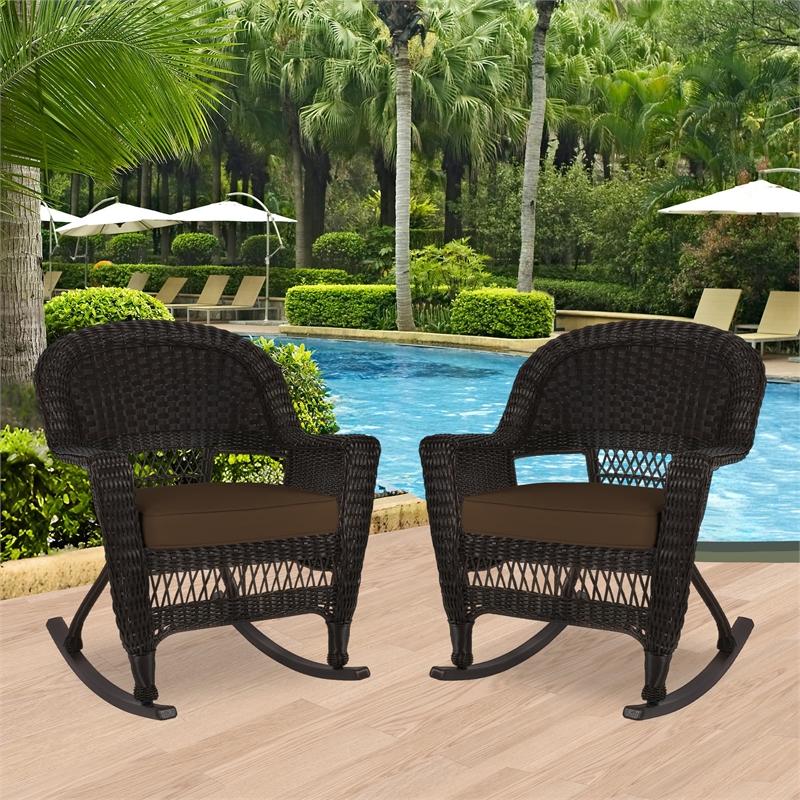 Jeco Rocker Wicker Chair in Espresso with Brown Cushion (Set of 2)