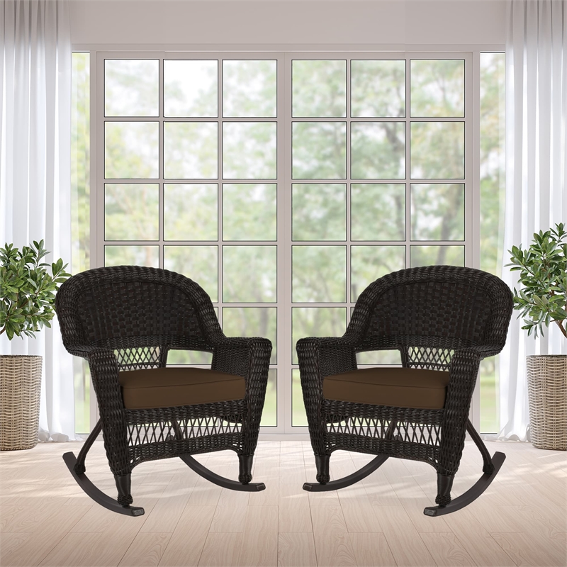 Jeco Rocker Wicker Chair in Espresso with Brown Cushion (Set of 2)