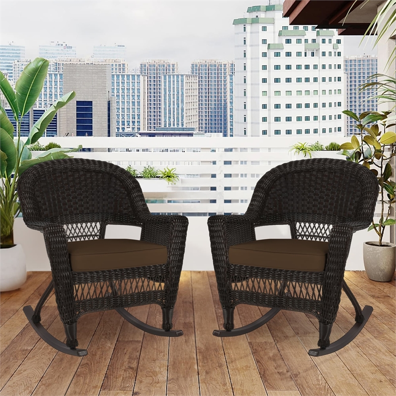 Jeco Rocker Wicker Chair in Espresso with Brown Cushion (Set of 2)