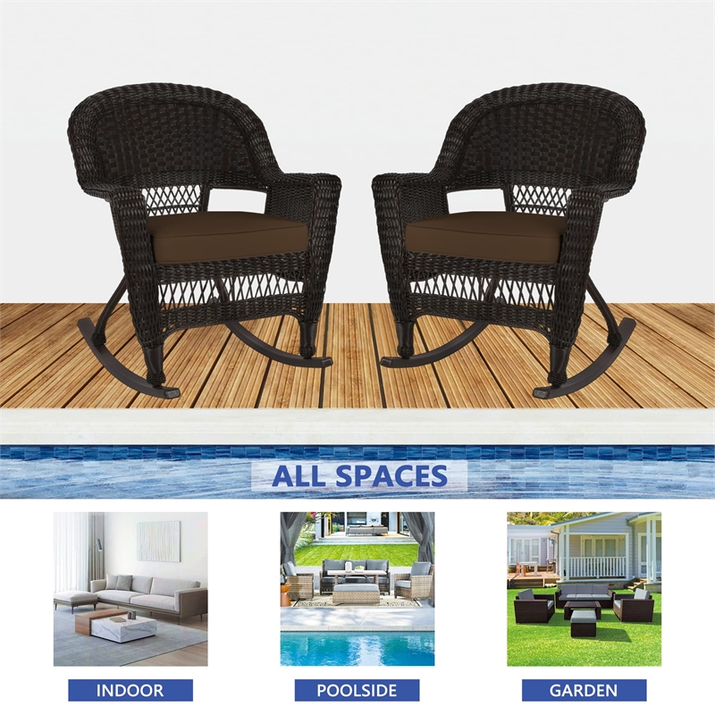 Jeco Rocker Wicker Chair in Espresso with Brown Cushion (Set of 2)