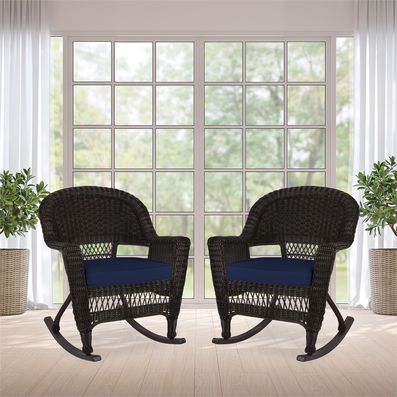 Jeco Rocker Wicker Chair in Espresso with Blue Cushion (Set of 2) Brown