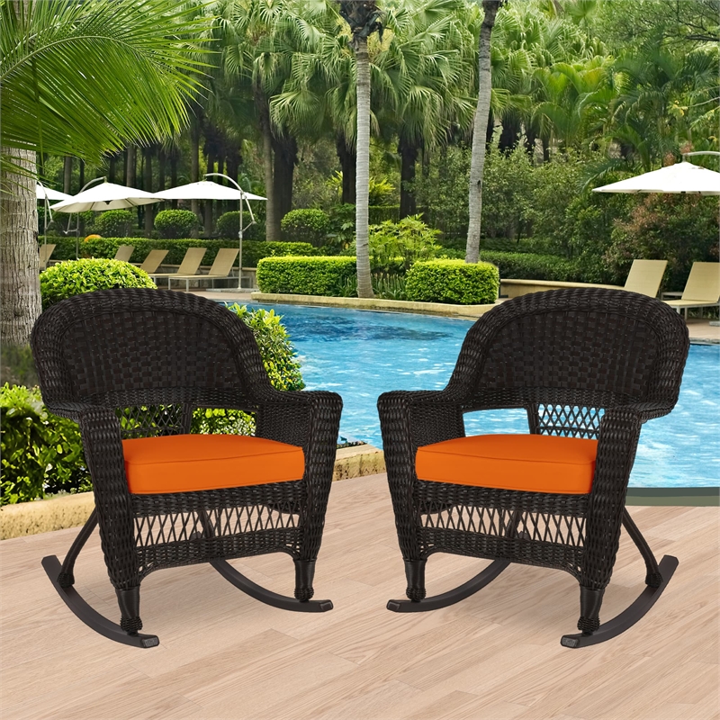 Jeco Rocker Wicker Chair in Espresso with Orange Cushion (Set of 2)