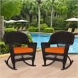 Jeco Rocker Wicker Chair in Espresso with Orange Cushion (Set of 2)