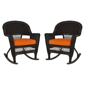 Jeco Rocker Wicker Chair in Espresso with Orange Cushion (Set of 2)