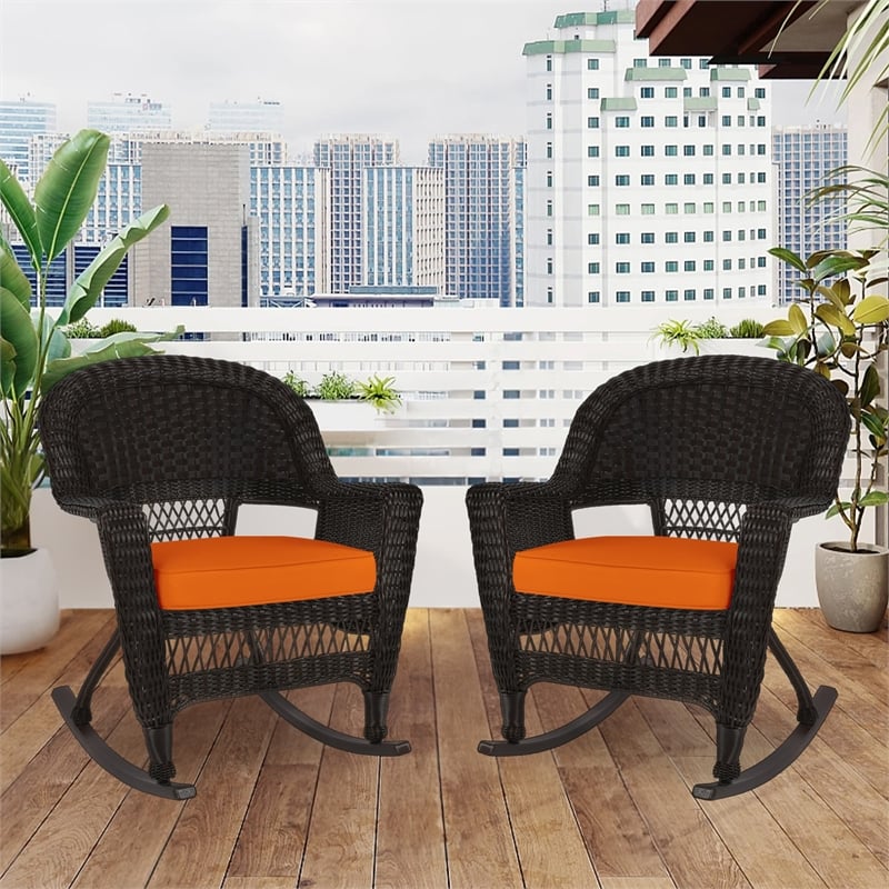 Jeco Rocker Wicker Chair in Espresso with Orange Cushion (Set of 2)