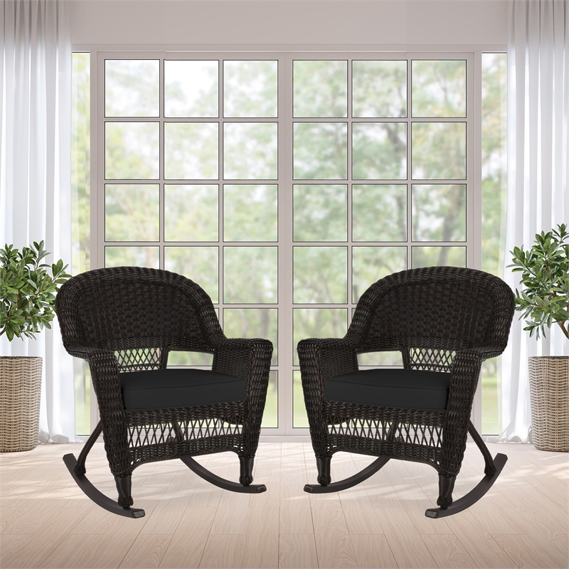 Jeco Rocker Wicker Chair in Espresso with Black Cushion (Set of 2)