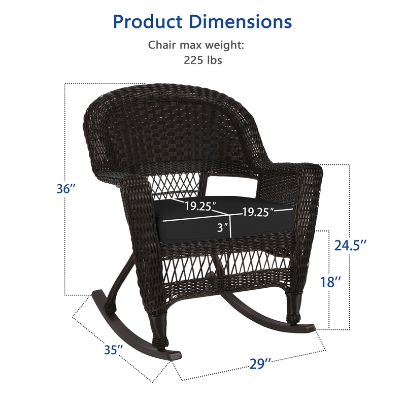 Jeco Rocker Wicker Chair in Espresso with Black Cushion (Set of 2)