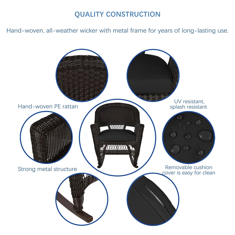 Jeco Rocker Wicker Chair in Espresso with Black Cushion (Set of 2)