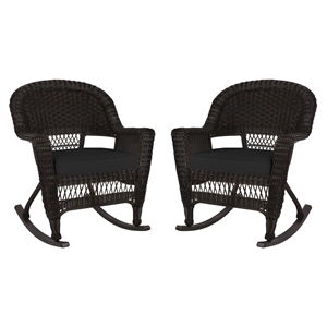 Jeco Rocker Wicker Chair in Espresso with Black Cushion (Set of 2)