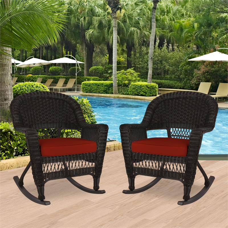 Jeco Rocker Wicker Chair in Espresso with Red Cushion (Set of 2)
