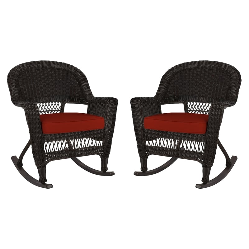 Jeco Rocker Wicker Chair in Espresso with Red Cushion (Set of 2)