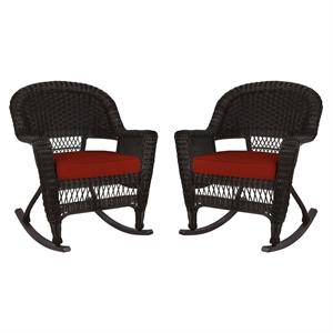 Jeco Rocker Wicker Chair in Espresso with Red Cushion (Set of 2)