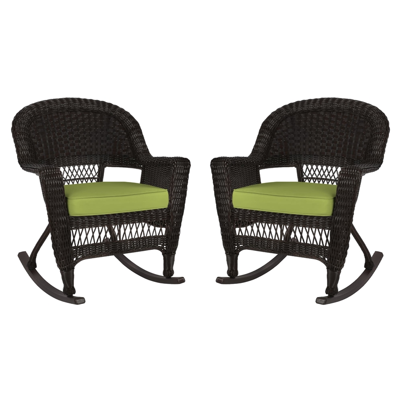 Jeco Rocker Wicker Chair in Espresso with Green Cushion (Set of 2)