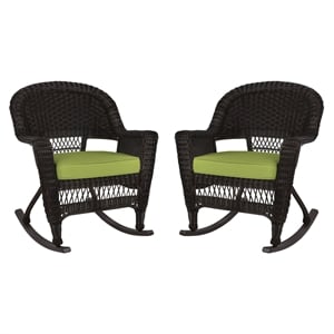 Jeco Rocker Wicker Chair in Espresso with Green Cushion (Set of 2)