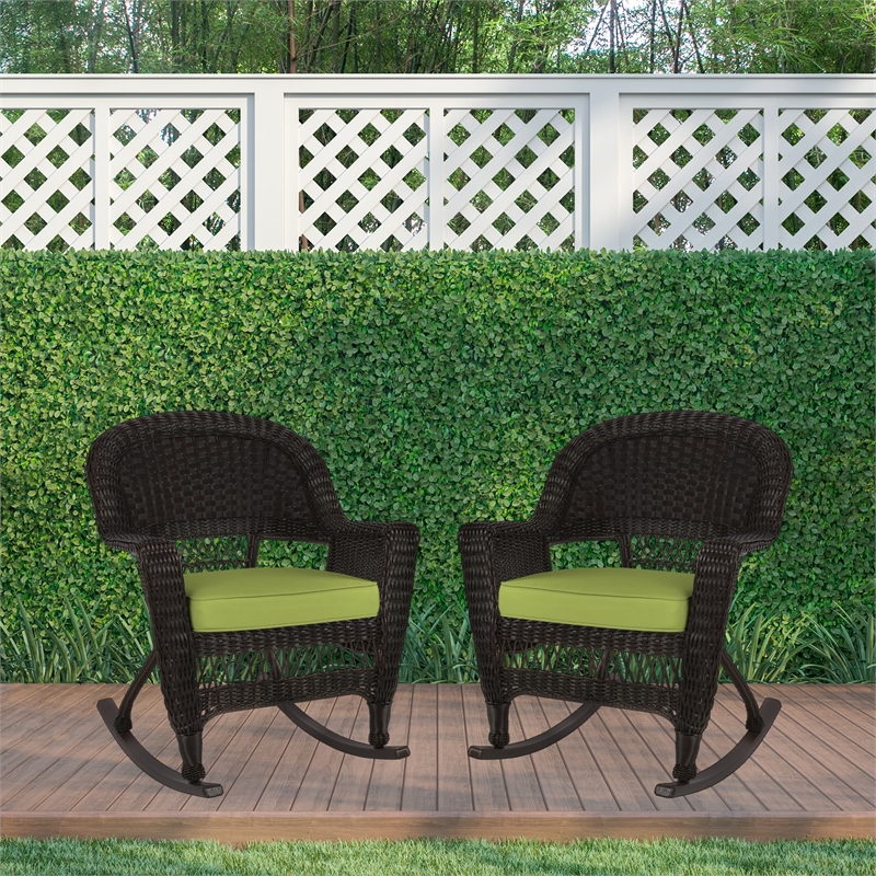 Jeco Rocker Wicker Chair in Espresso with Green Cushion (Set of 2)
