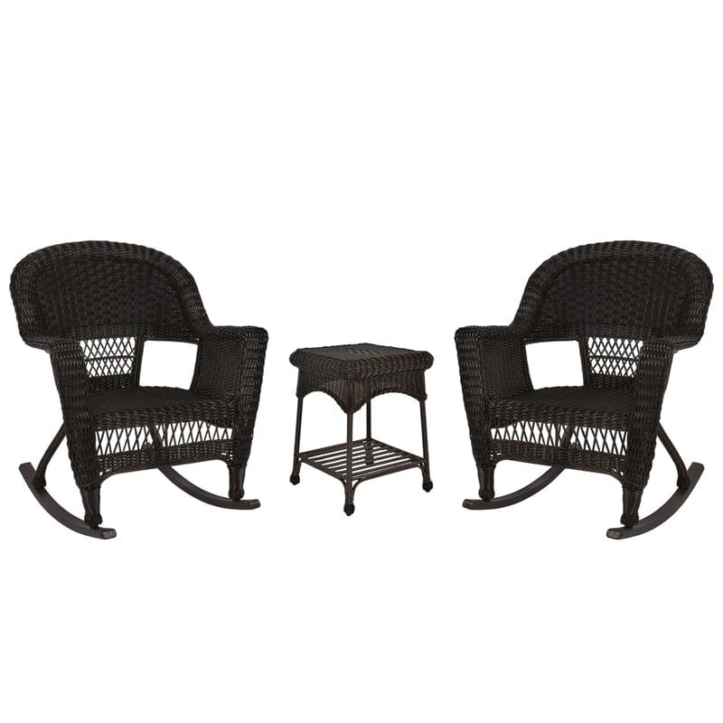 Jeco 3 Piece Resin Wicker Outdoor Patio Rocker Chair Set in Espresso
