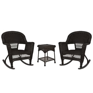 Jeco 3 Piece Resin Wicker Outdoor Patio Rocker Chair Set in Espresso