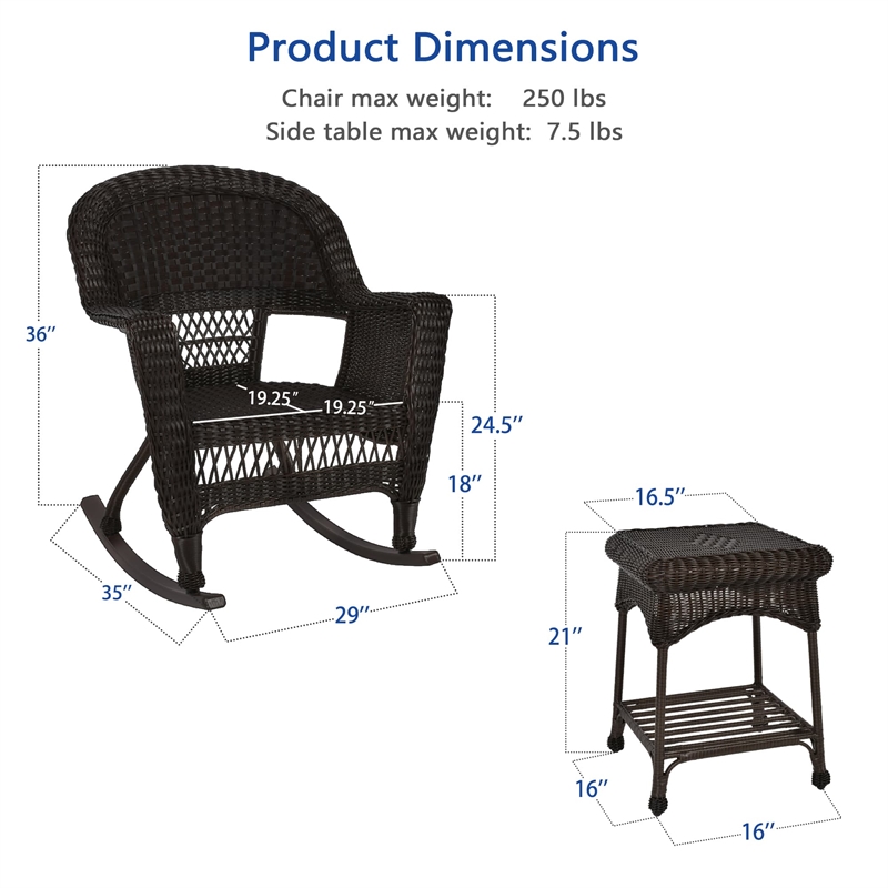 Jeco 3 Piece Resin Wicker Outdoor Patio Rocker Chair Set in Espresso
