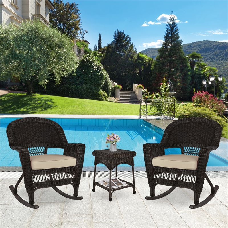 Jeco 3pc Wicker Rocker Chair Set in Espresso with Tan Cushion