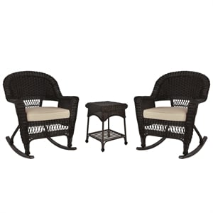 Jeco 3pc Wicker Rocker Chair Set in Espresso with Tan Cushion