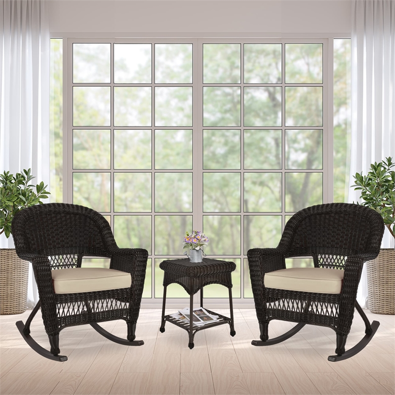Jeco 3pc Wicker Rocker Chair Set in Espresso with Tan Cushion