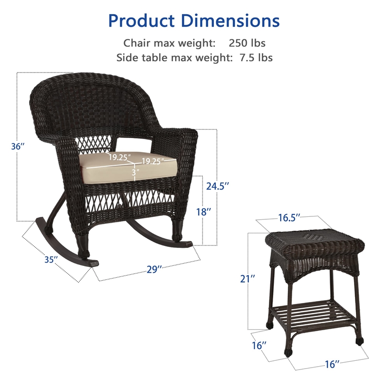 Jeco 3pc Wicker Rocker Chair Set in Espresso with Tan Cushion