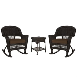 Jeco 3pc Wicker Rocker Chair Set in Espresso with Brown Cushion