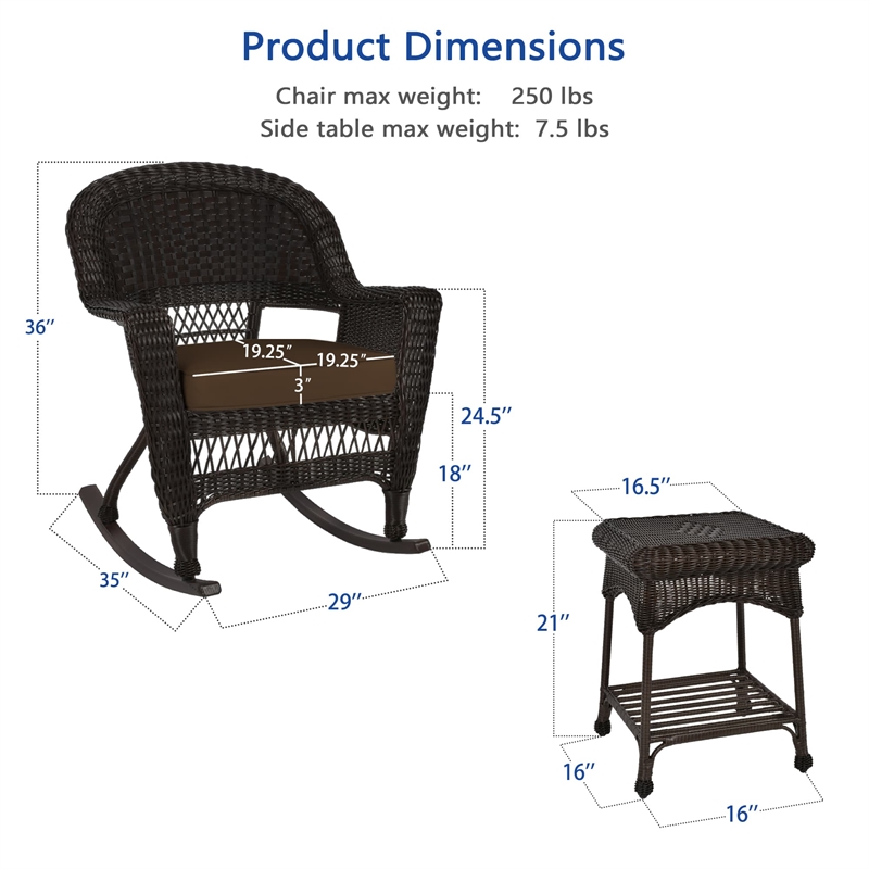 Jeco 3pc Wicker Rocker Chair Set in Espresso with Brown Cushion