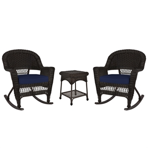 Jeco 3pc Wicker Rocker Chair Set in Espresso with Blue Cushion