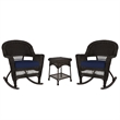 Jeco 3pc Wicker Rocker Chair Set in Espresso with Blue Cushion