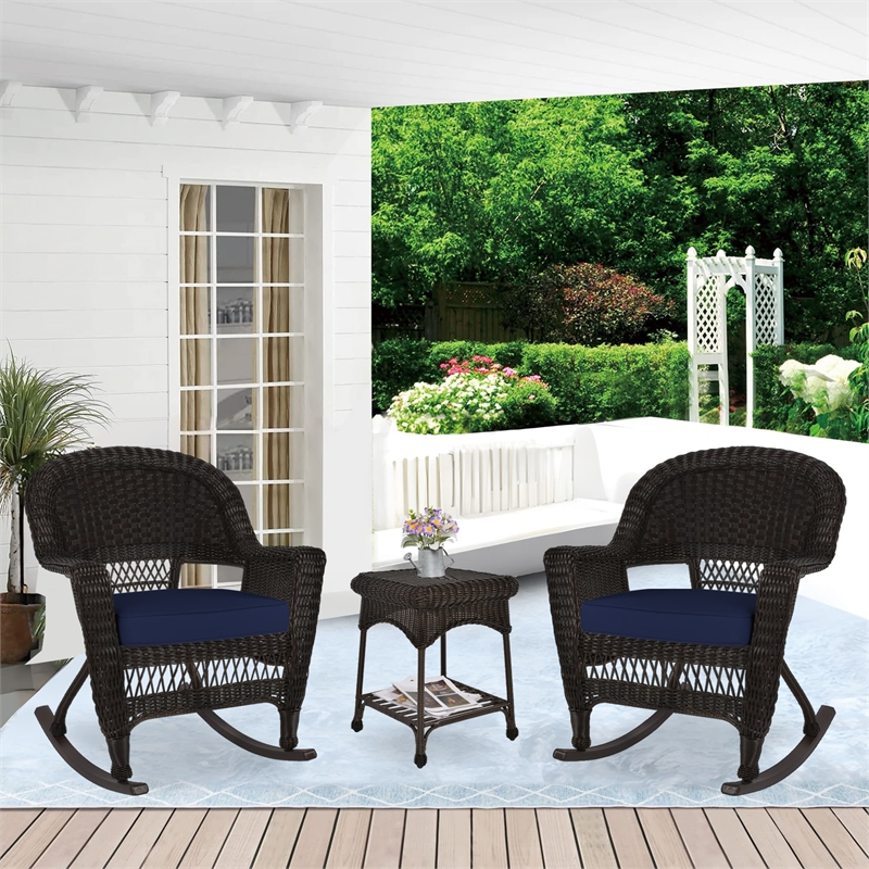 Jeco 3pc Wicker Rocker Chair Set in Espresso with Blue Cushion