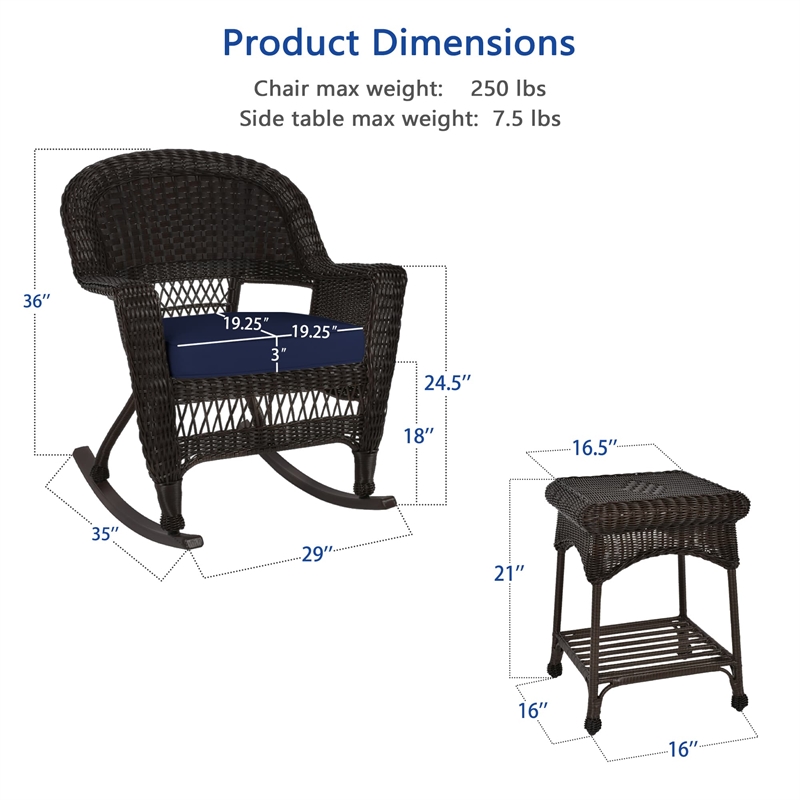 Jeco 3pc Wicker Rocker Chair Set in Espresso with Blue Cushion
