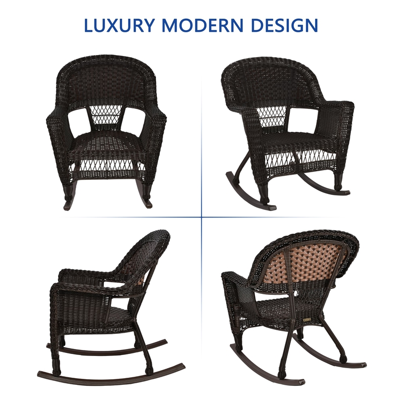 Jeco 3pc Wicker Rocker Chair Set in Espresso with Blue Cushion