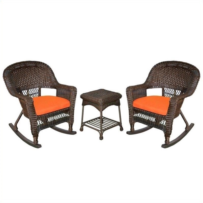 Jeco 3pc Wicker Rocker Chair Set in Espresso with Orange Cushion