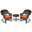 Jeco 3pc Wicker Rocker Chair Set in Espresso with Orange Cushion