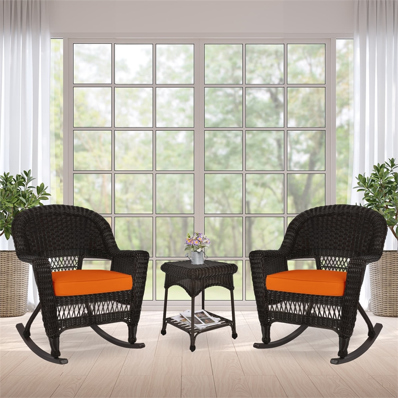 Jeco 3pc Wicker Rocker Chair Set in Espresso with Orange Cushion