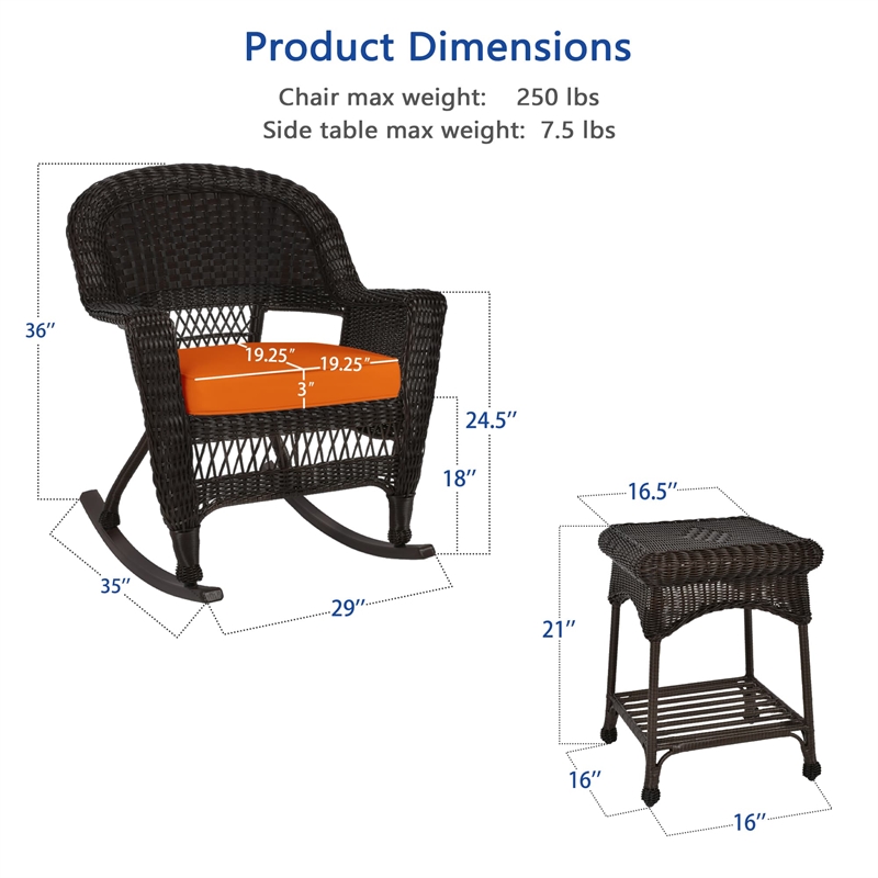 Jeco 3pc Wicker Rocker Chair Set in Espresso with Orange Cushion