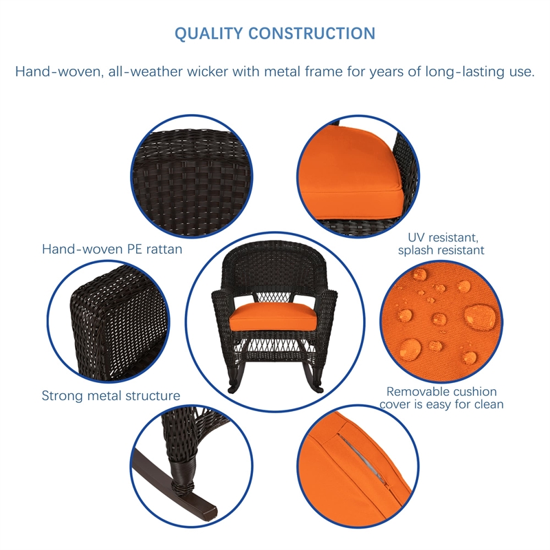 Jeco 3pc Wicker Rocker Chair Set in Espresso with Orange Cushion