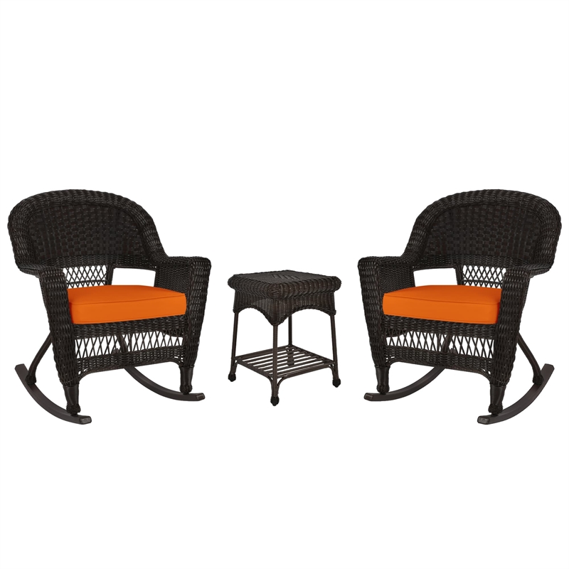 Jeco 3pc Wicker Rocker Chair Set in Espresso with Orange Cushion