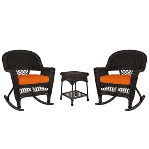 Jeco 3pc Wicker Rocker Chair Set in Espresso with Orange Cushion